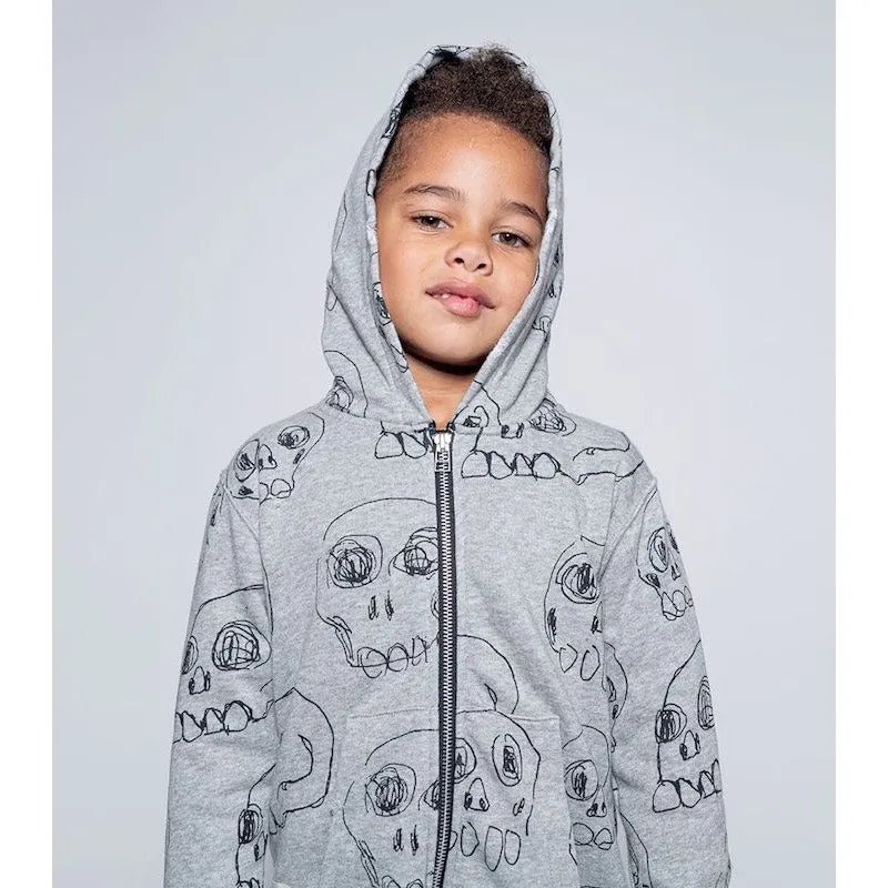 NUNUNU Scribbled Skulls Zip Hoodie Grey