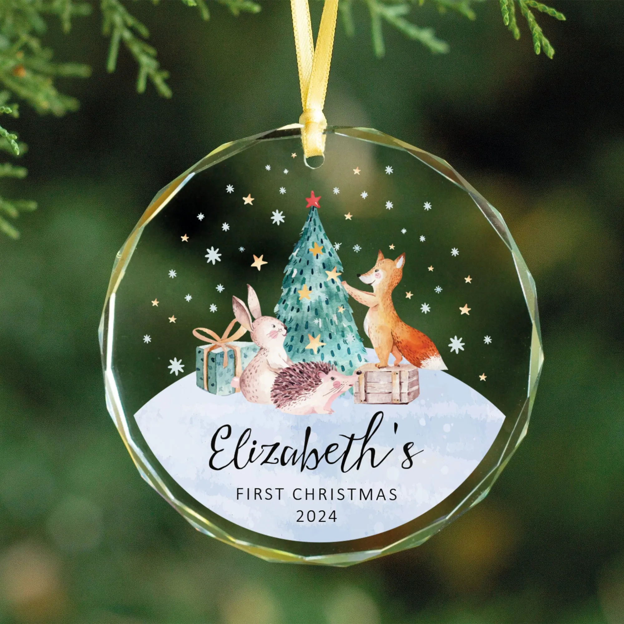 Personalized Baby's First Christmas Glass Ornament, Personalized Woodland Creatures, Baby Deer Ornament, Holiday Keepsake Ornament, New Baby Gift, 2024 Custom Baby Ornament GX02-21