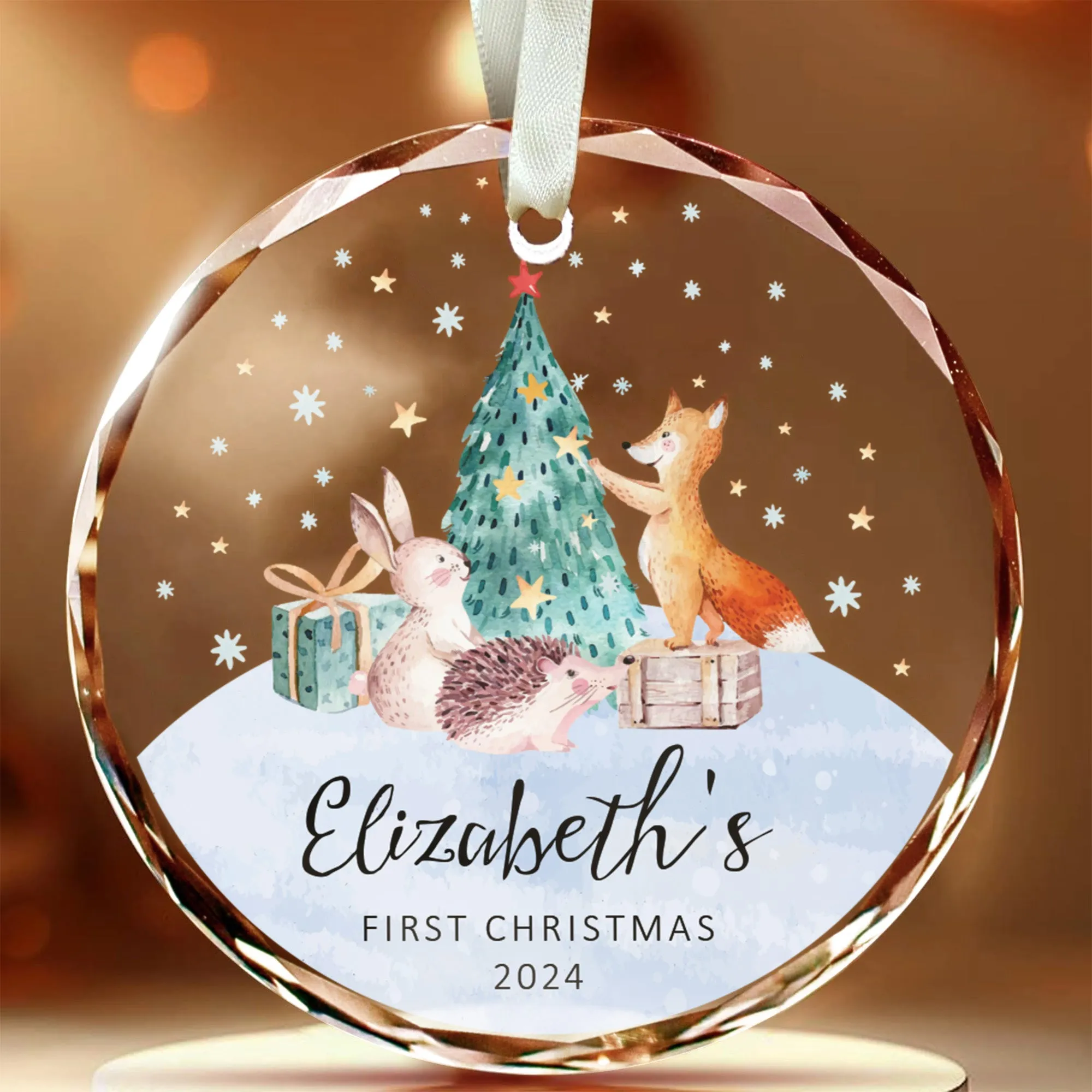 Personalized Baby's First Christmas Glass Ornament, Personalized Woodland Creatures, Baby Deer Ornament, Holiday Keepsake Ornament, New Baby Gift, 2024 Custom Baby Ornament GX02-21