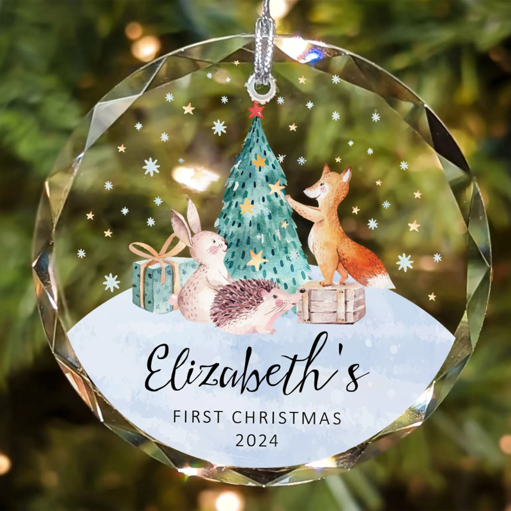 Personalized Baby's First Christmas Glass Ornament, Personalized Woodland Creatures, Baby Deer Ornament, Holiday Keepsake Ornament, New Baby Gift, 2024 Custom Baby Ornament GX02-21