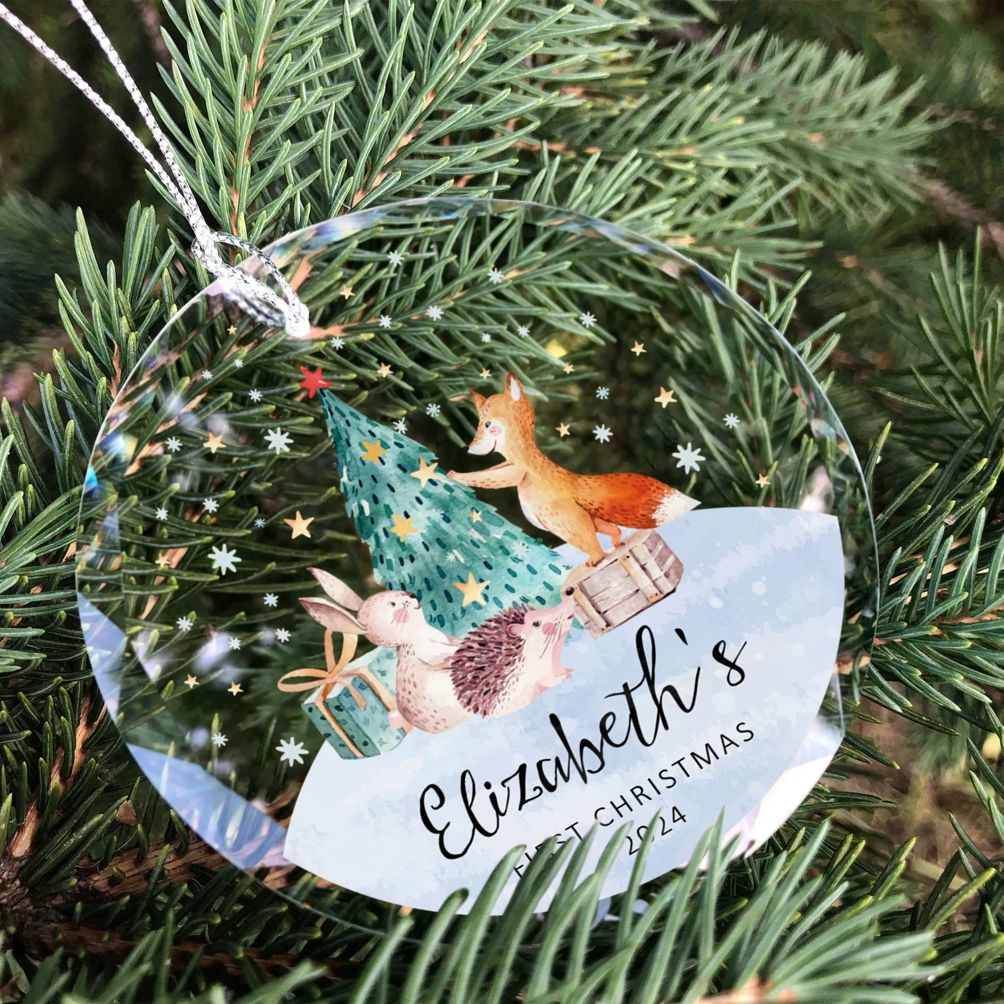 Personalized Baby's First Christmas Glass Ornament, Personalized Woodland Creatures, Baby Deer Ornament, Holiday Keepsake Ornament, New Baby Gift, 2024 Custom Baby Ornament GX02-21