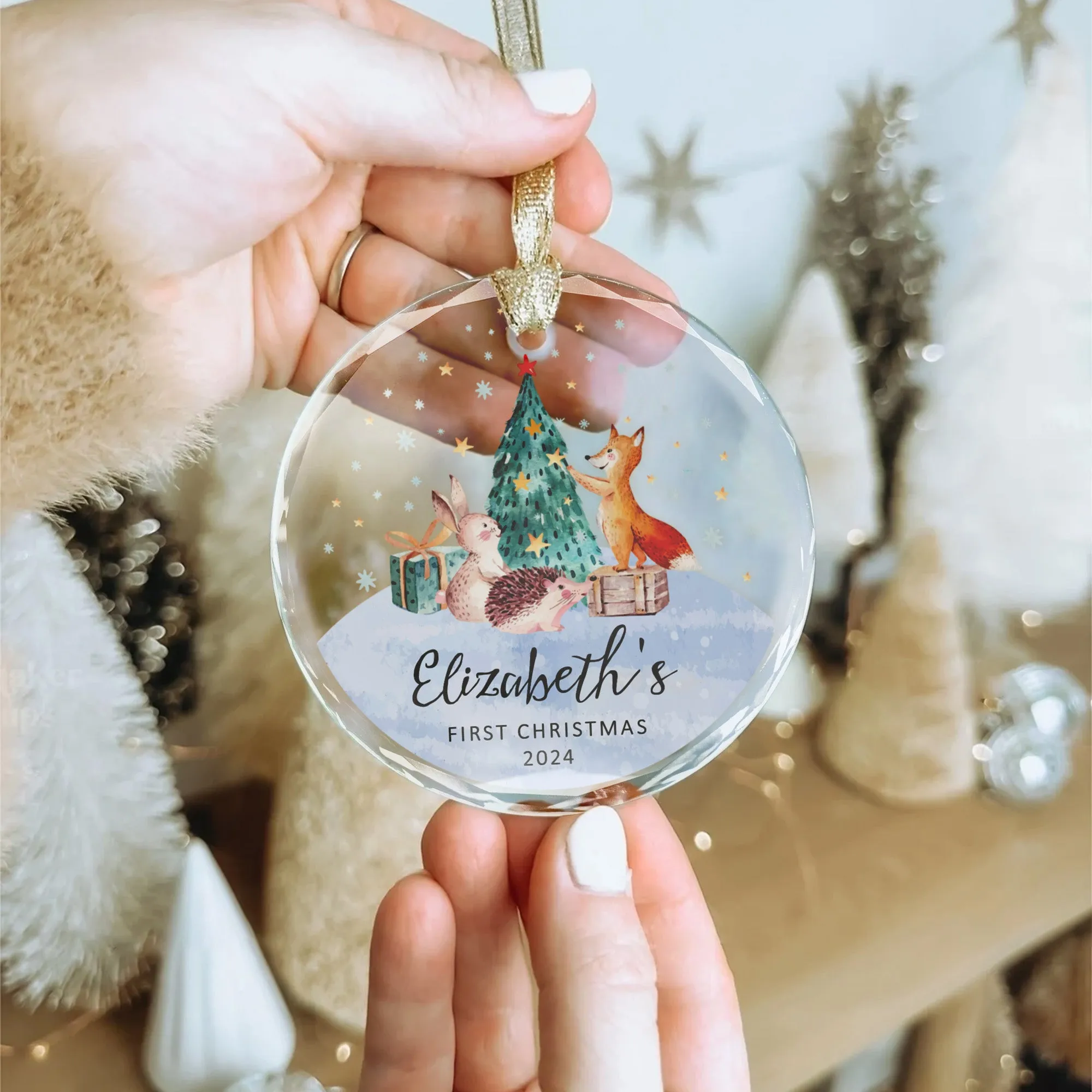 Personalized Baby's First Christmas Glass Ornament, Personalized Woodland Creatures, Baby Deer Ornament, Holiday Keepsake Ornament, New Baby Gift, 2024 Custom Baby Ornament GX02-21