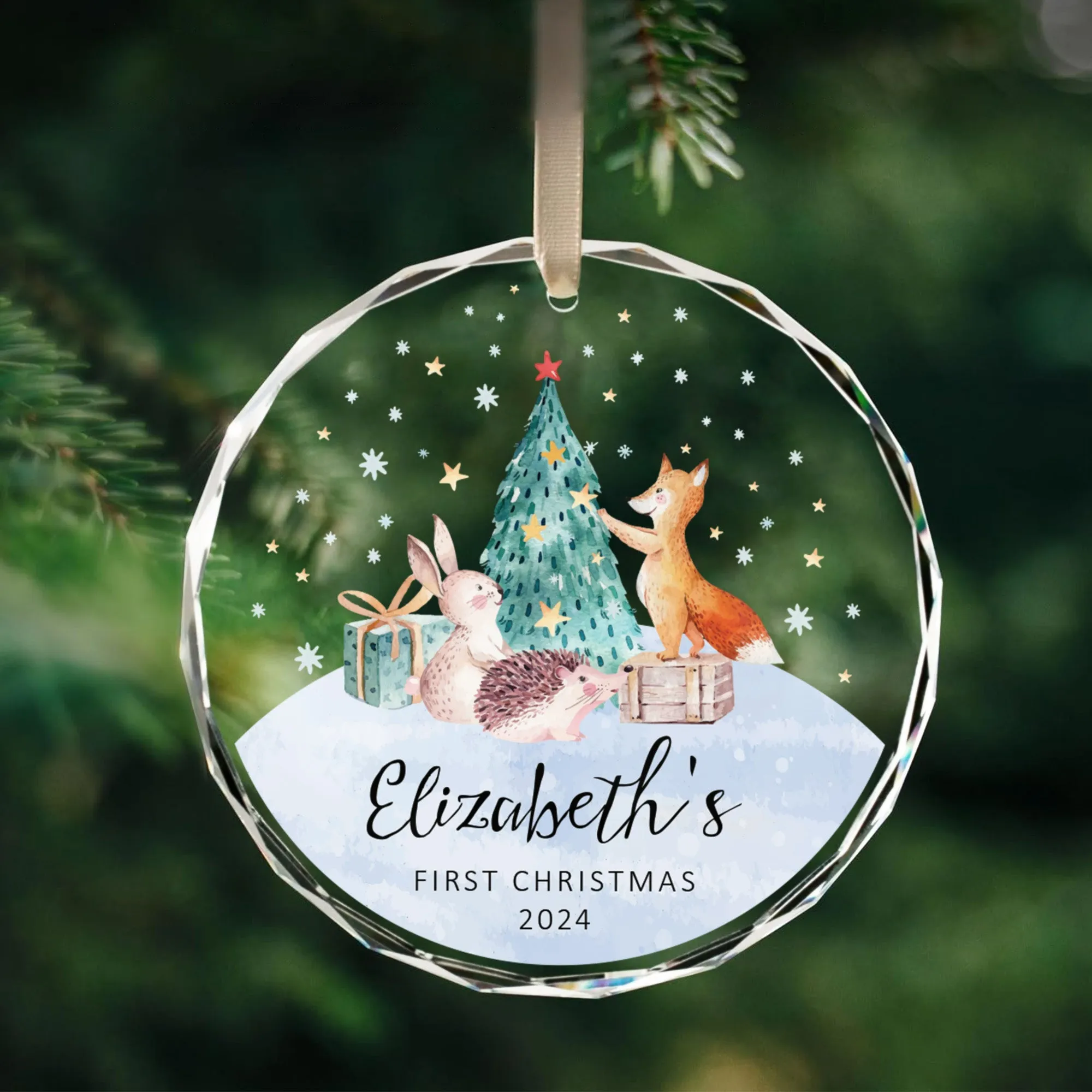 Personalized Baby's First Christmas Glass Ornament, Personalized Woodland Creatures, Baby Deer Ornament, Holiday Keepsake Ornament, New Baby Gift, 2024 Custom Baby Ornament GX02-21