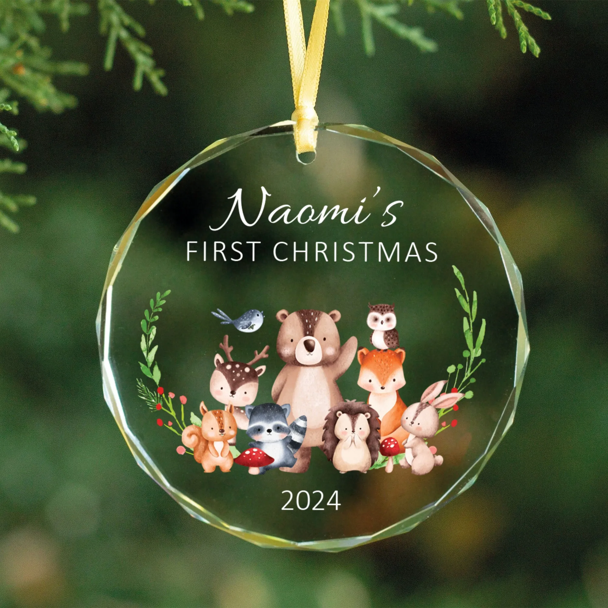 Personalized Baby's First Christmas Glass Ornament, Personalized Woodland Creatures, Baby Deer Ornament, Holiday Keepsake Ornament, New Baby Gift, 2024 Custom Baby Ornament GX02-22