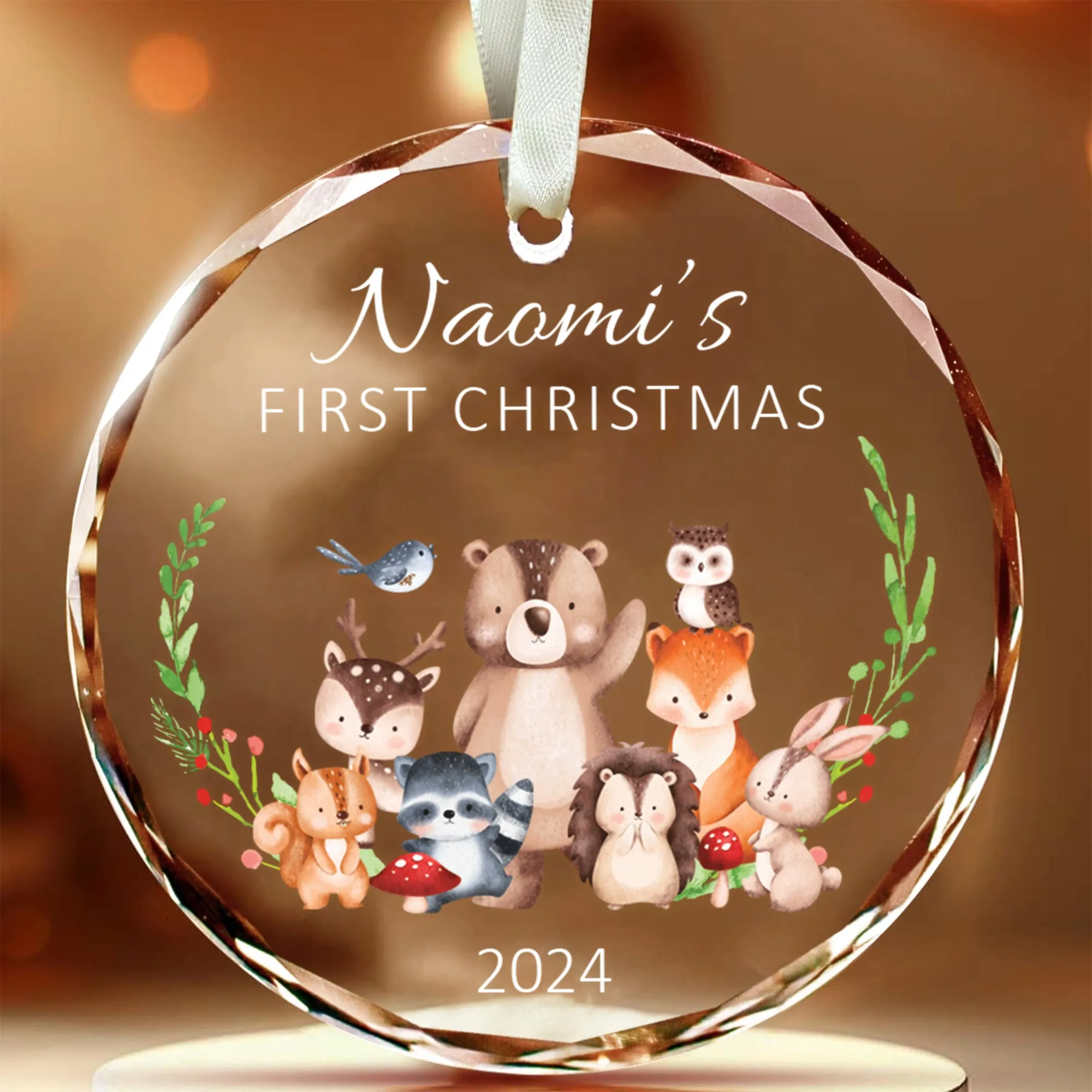 Personalized Baby's First Christmas Glass Ornament, Personalized Woodland Creatures, Baby Deer Ornament, Holiday Keepsake Ornament, New Baby Gift, 2024 Custom Baby Ornament GX02-22