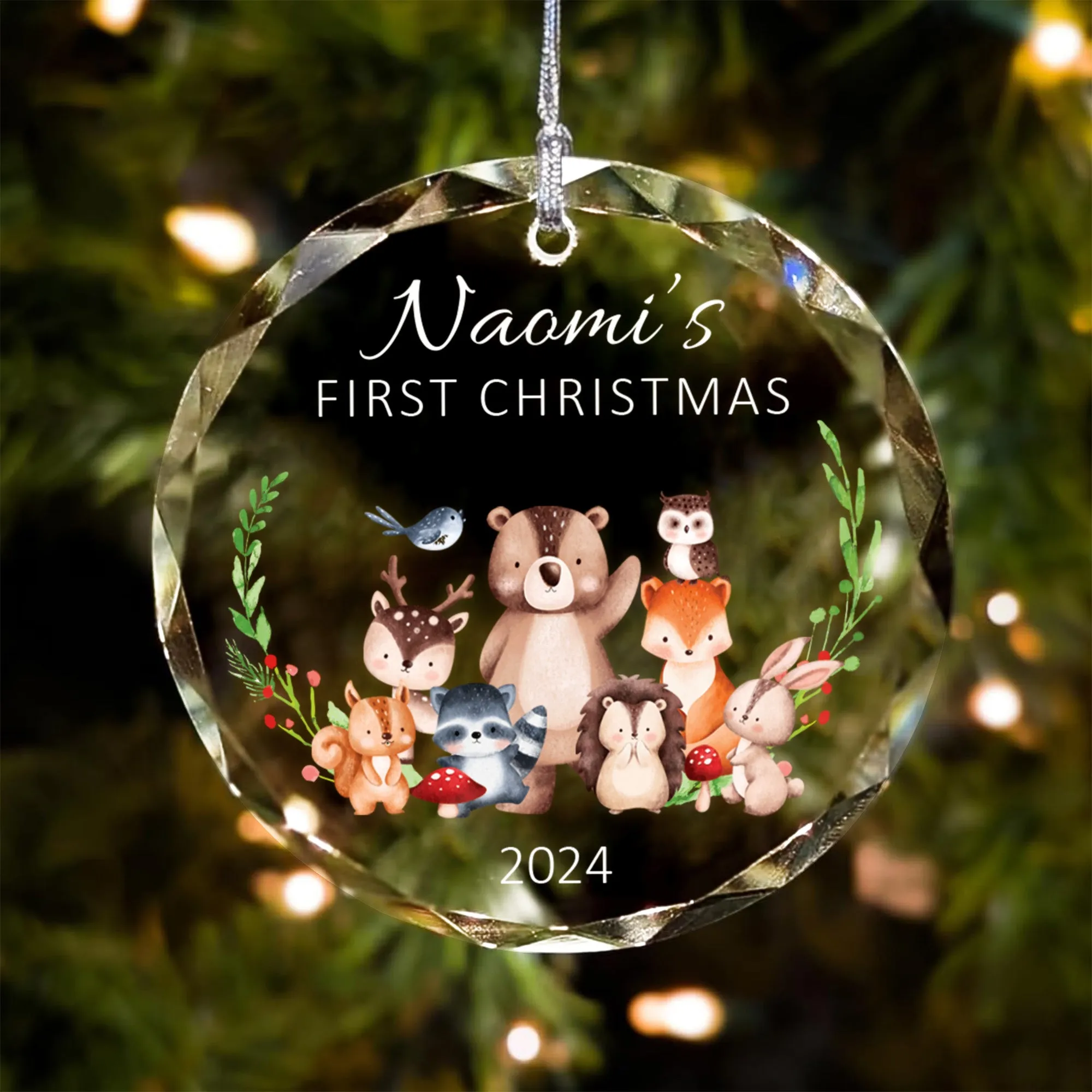 Personalized Baby's First Christmas Glass Ornament, Personalized Woodland Creatures, Baby Deer Ornament, Holiday Keepsake Ornament, New Baby Gift, 2024 Custom Baby Ornament GX02-22