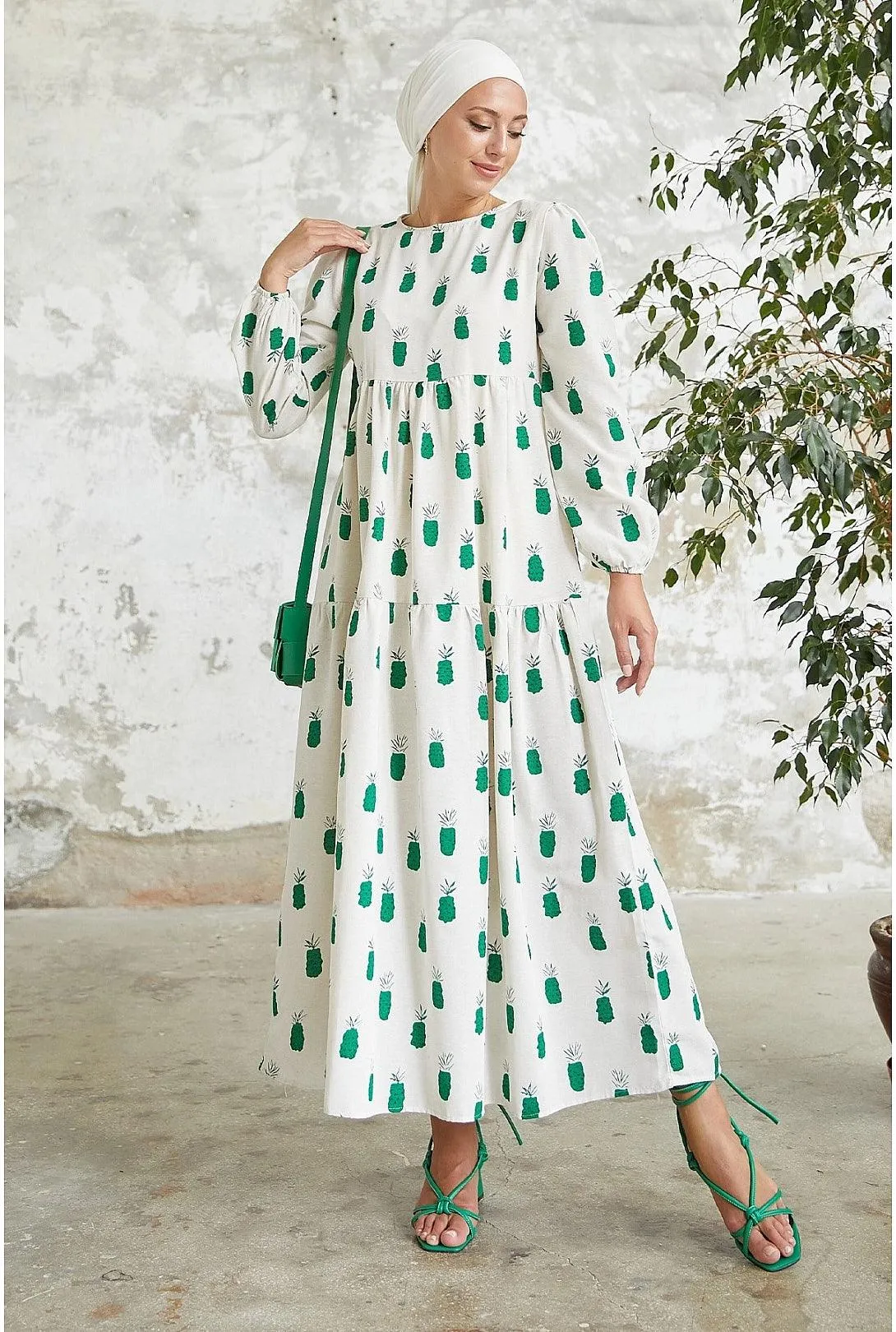 Pineapple Pattern Modest Abaya Dress - Green | Sawyer's Affordable Stylish Maxi Dress