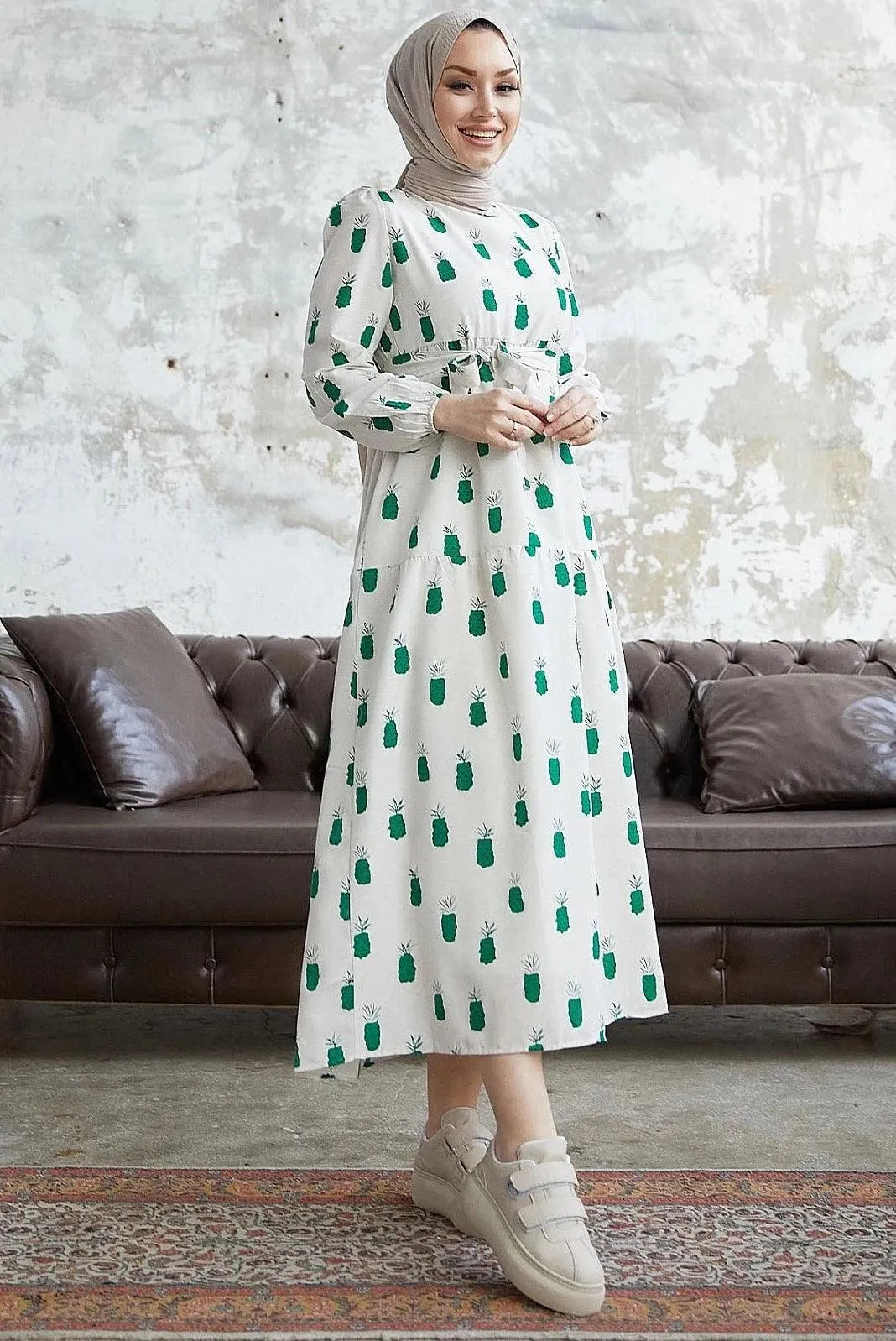 Pineapple Pattern Modest Abaya Dress - Green | Sawyer's Affordable Stylish Maxi Dress