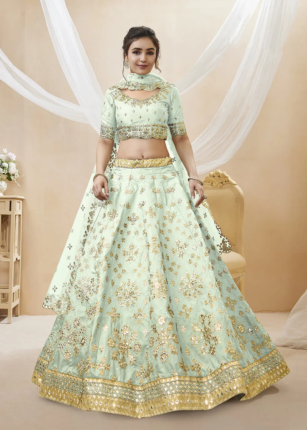 Pistachio Green Art Silk Embroidered Reception Wear Lehenga Choli