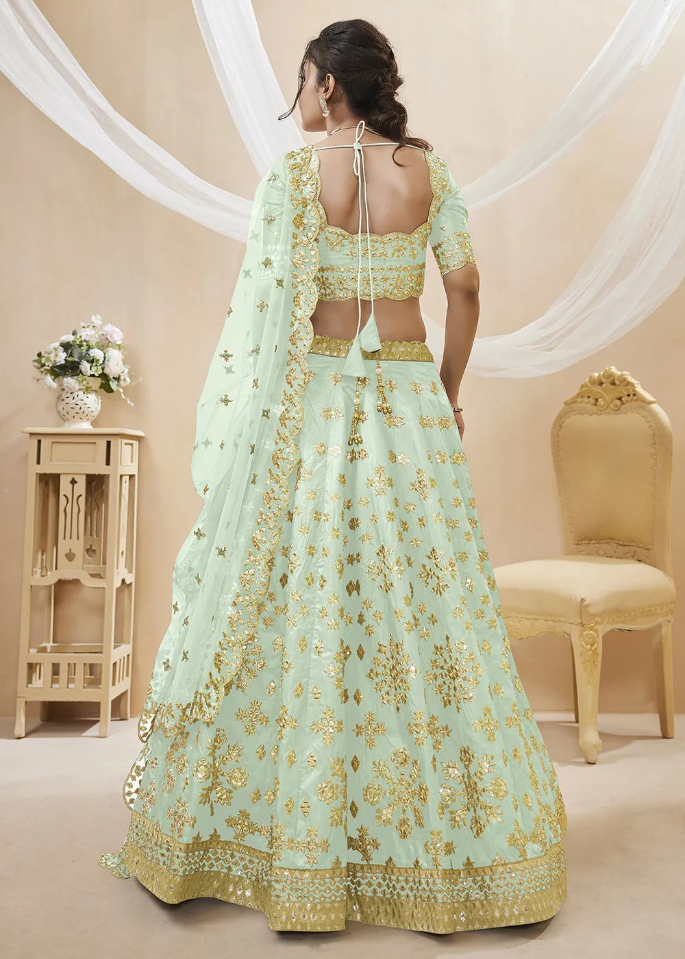 Pistachio Green Art Silk Embroidered Reception Wear Lehenga Choli