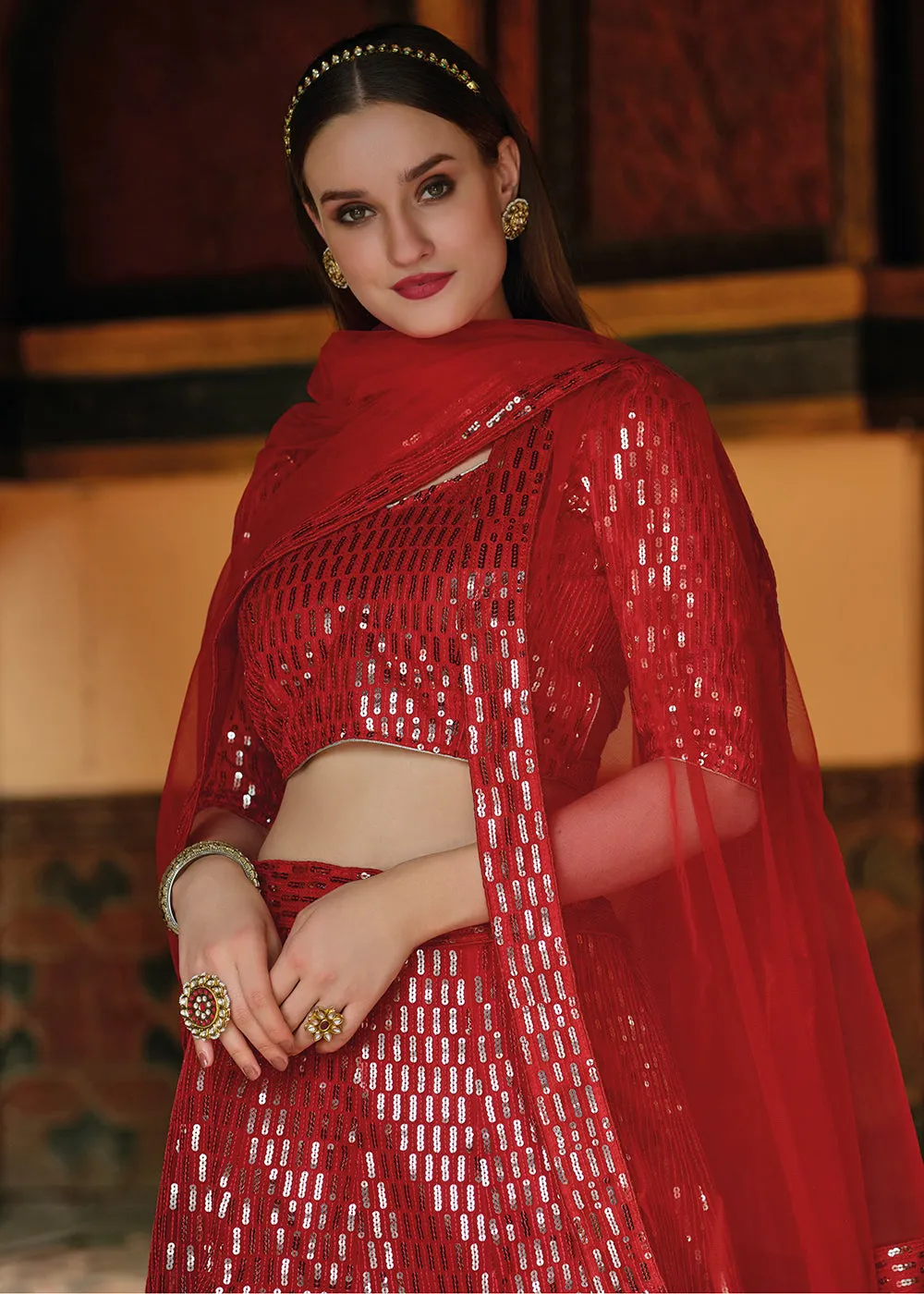 Pure Butterfly Net Red Sequins Work Lehenga Choli