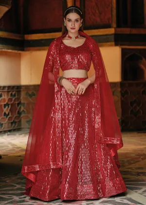 Pure Butterfly Net Red Sequins Work Lehenga Choli