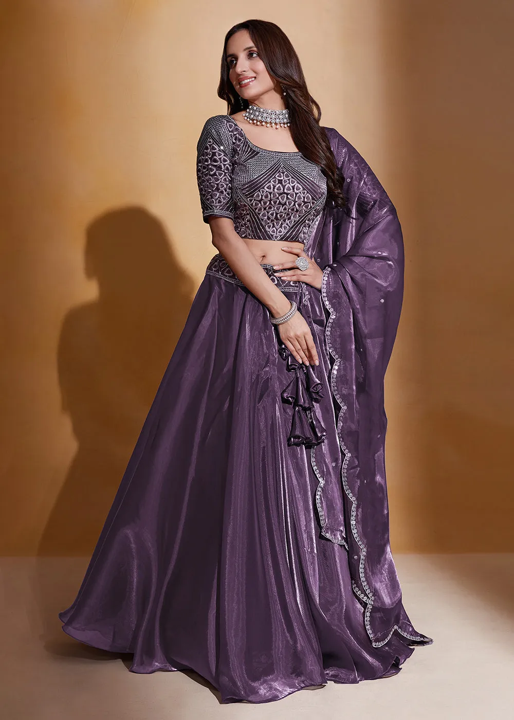 Purple Organza Silk A Line Festive Party Lehenga Choli