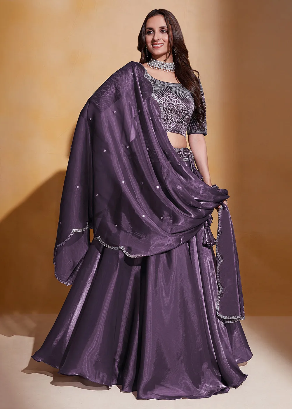 Purple Organza Silk A Line Festive Party Lehenga Choli