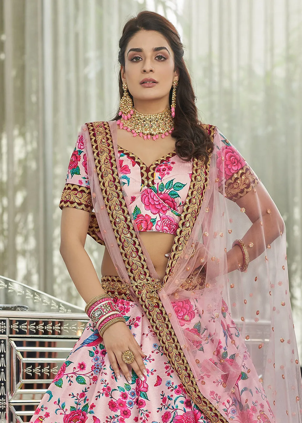 Ravishing Light Pink Art Silk Floral Printed Lehenga Choli