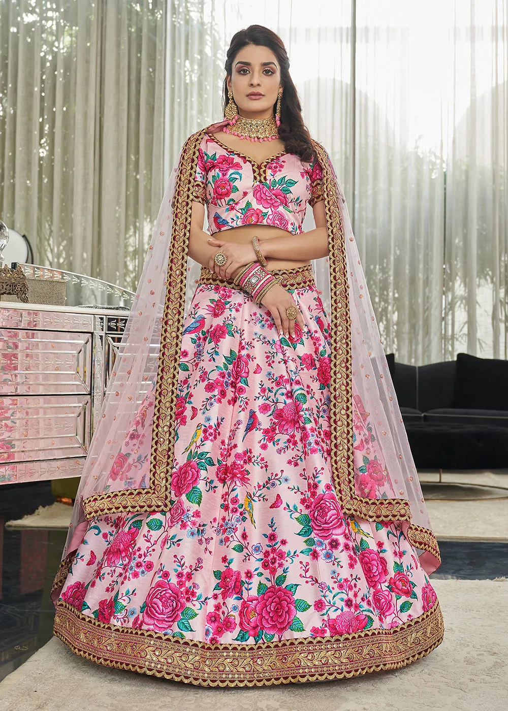 Ravishing Light Pink Art Silk Floral Printed Lehenga Choli