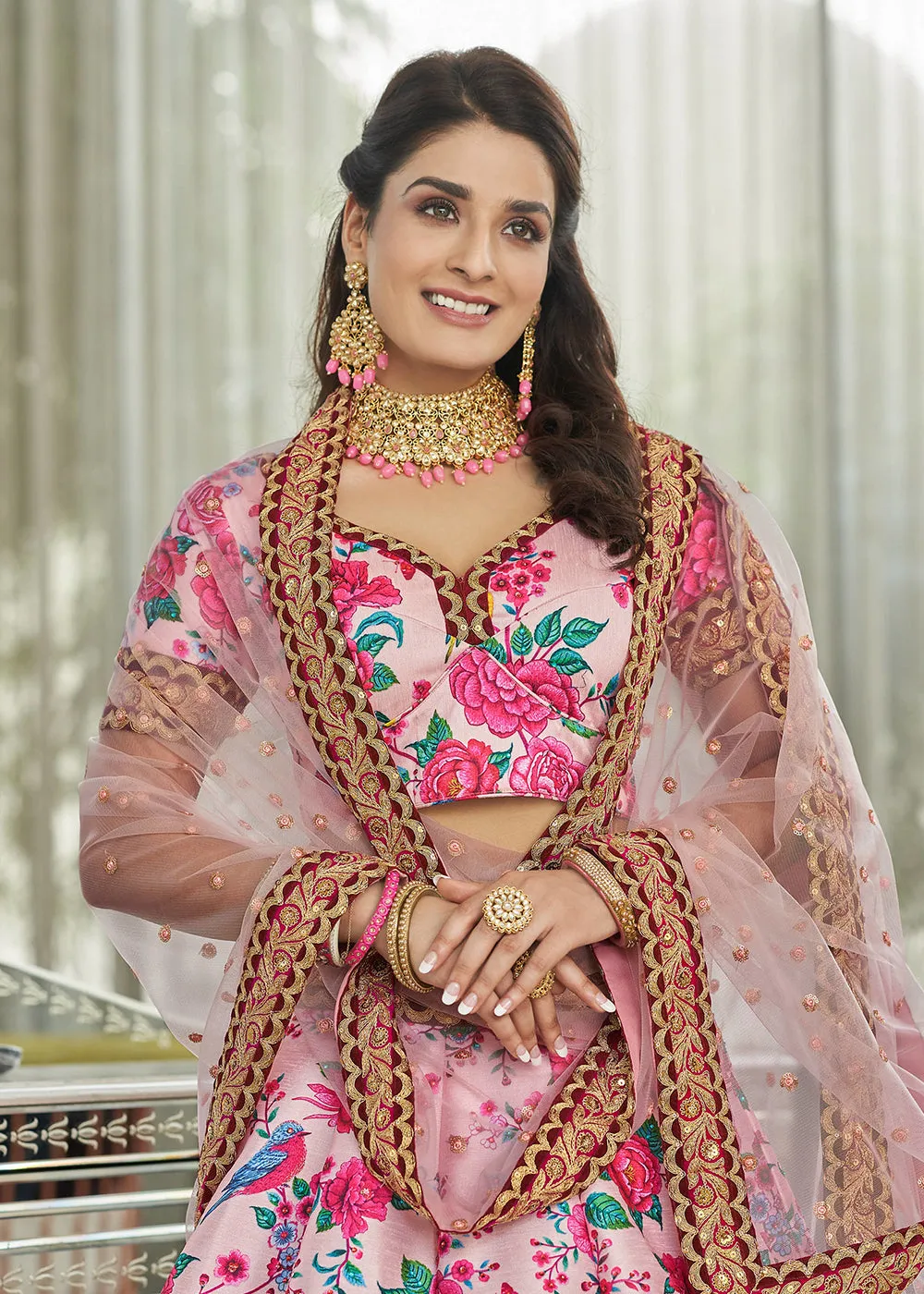 Ravishing Light Pink Art Silk Floral Printed Lehenga Choli