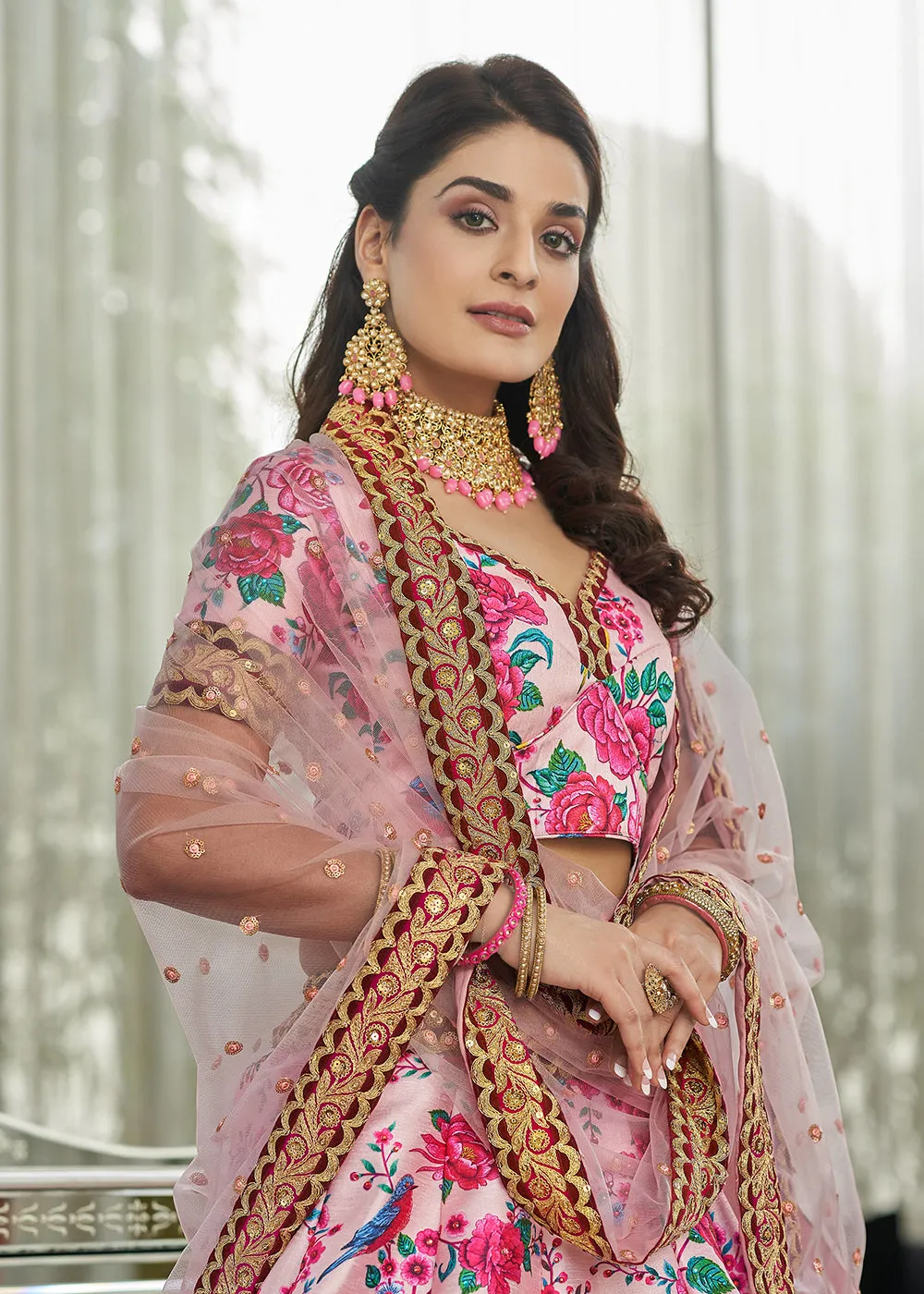 Ravishing Light Pink Art Silk Floral Printed Lehenga Choli