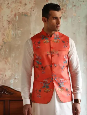 REDDISH ORANGE PRINTED WAISTCOAT