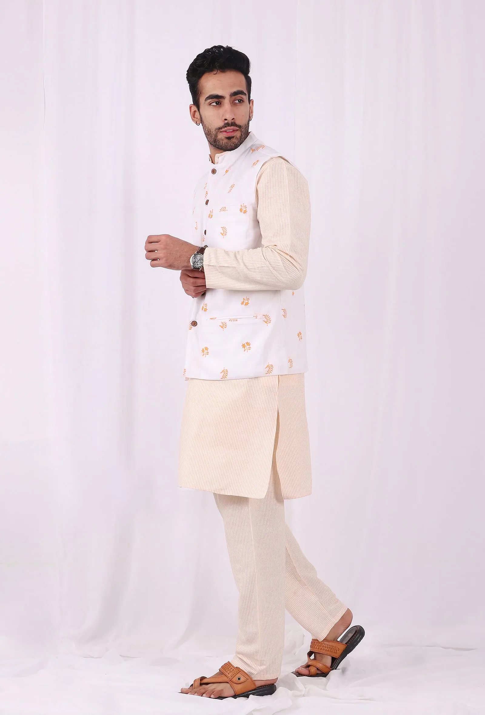 Set of 3: Yellow Striped Cotton Kurta and Pajama  with Yellow Hand Block Printed Floral Nehru Jacket