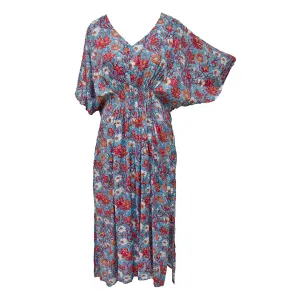 Stone Blue Floral Smocked Maxi Dress Size 16-32 PL18