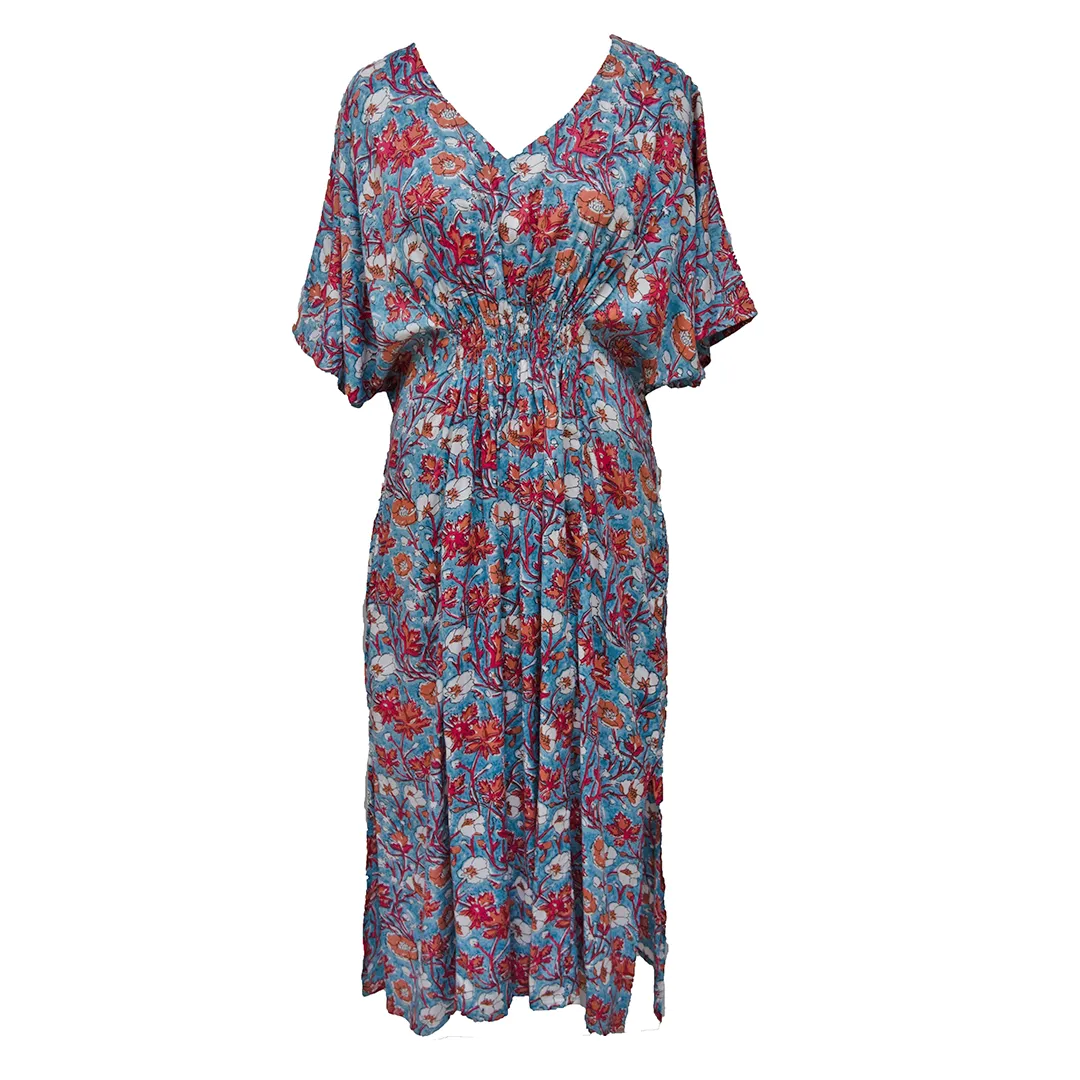 Stone Blue Floral Smocked Maxi Dress Size 16-32 PL18