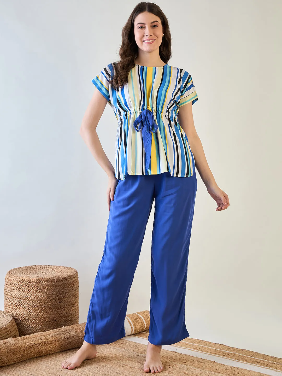 Stylish Women’s Striped Top and Blue Pajama Set