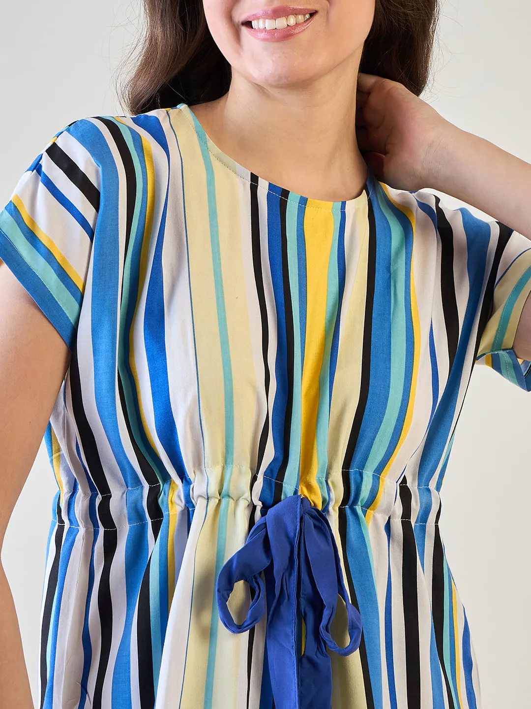 Stylish Women’s Striped Top and Blue Pajama Set