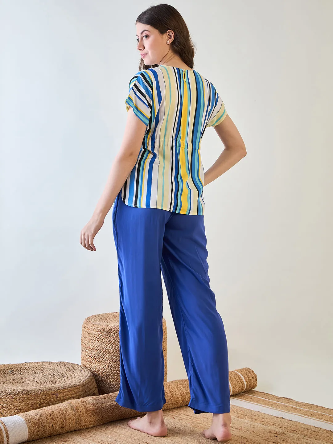 Stylish Women’s Striped Top and Blue Pajama Set