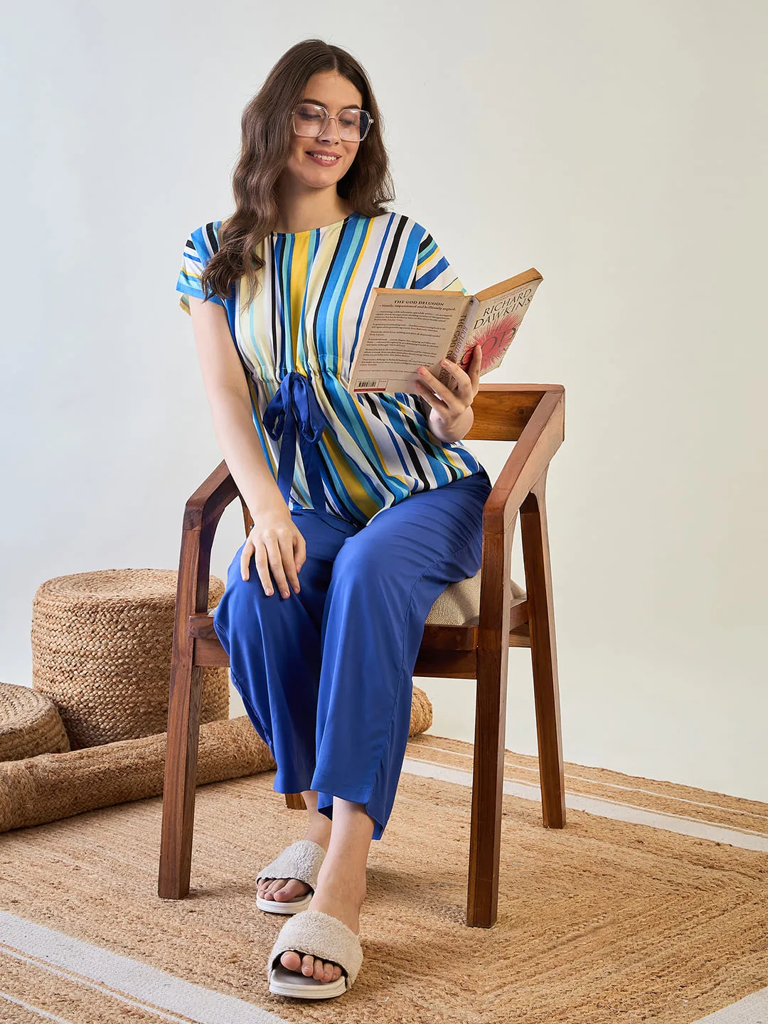 Stylish Women’s Striped Top and Blue Pajama Set