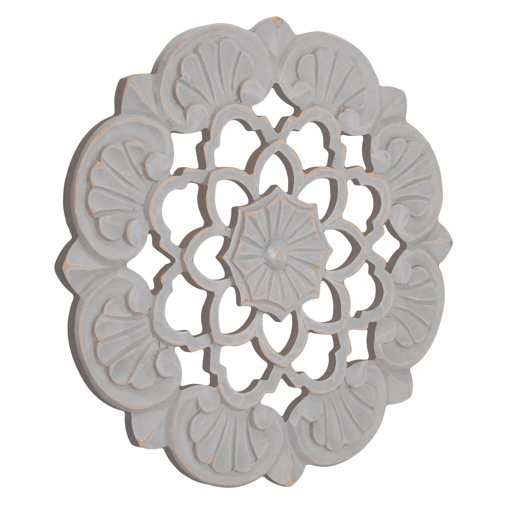 Traditional Hand-Carved India Wood Medallion, Small - Grey (16")