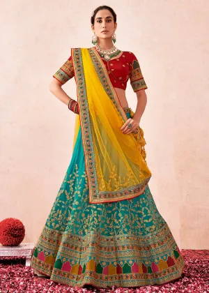 Traditional Turquoise & Maroon Kalidar Embroidered Net Lehenga Choli