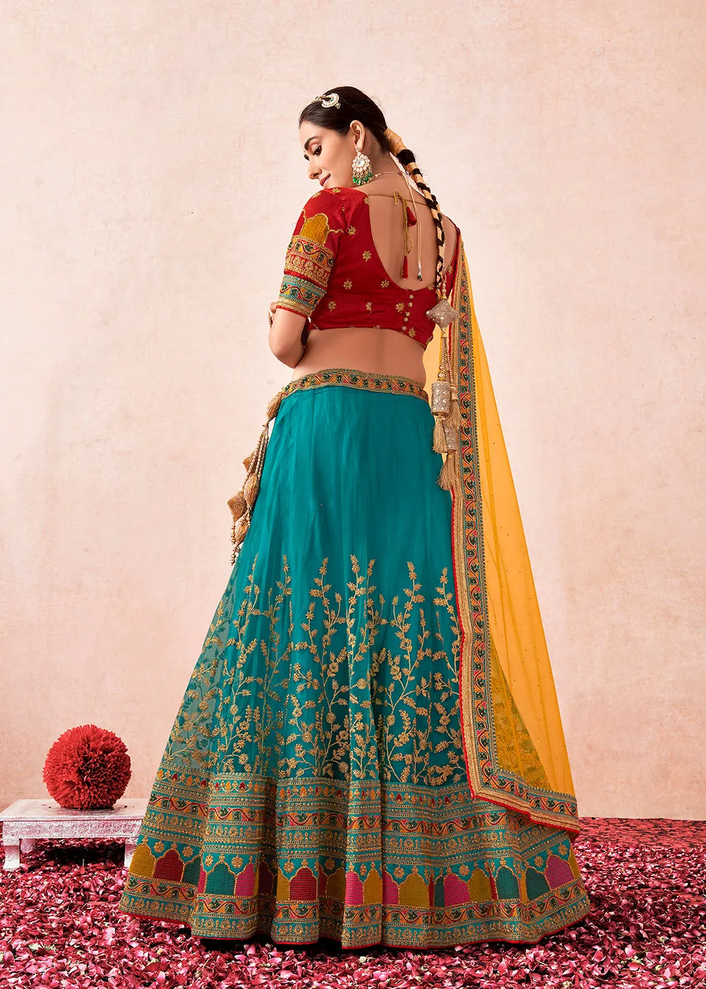 Traditional Turquoise & Maroon Kalidar Embroidered Net Lehenga Choli