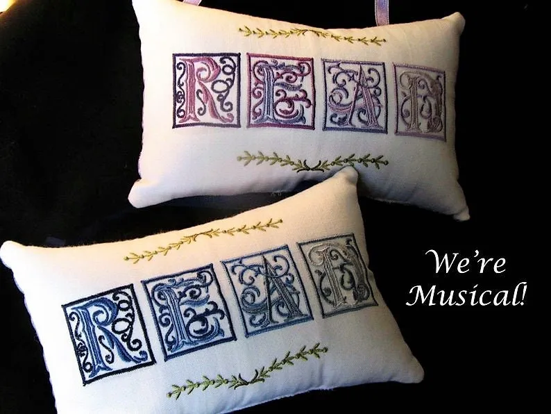 Victorian READ Music Box Pillow -- Personalized Embroidered MUSICAL Keepsake